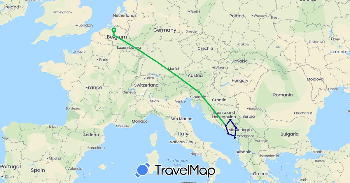 TravelMap itinerary: driving, bus in Bosnia and Herzegovina, Belgium, Croatia, Montenegro, Slovenia (Europe)